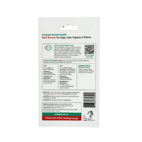 Aristopet Multi Wormer for Dogs, Cats, Puppies & Kittens – 8 Tablets