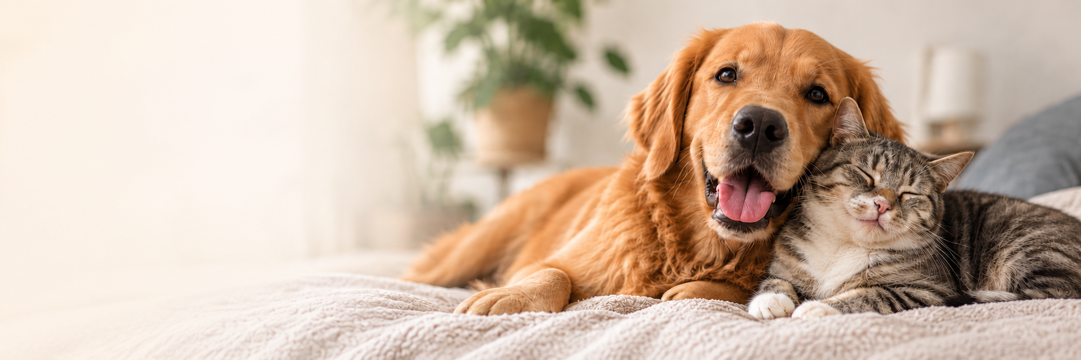A golden retriever cuddling a sleepy tabby cat on a cosy blanket
